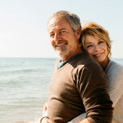 Older adult couple holding each other at the beach