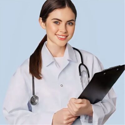 A female doctor smiling holding a clipboard