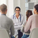 A smiling female doctor in a white coat, warmly engaging with a family during a calm medical consultation